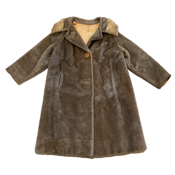 Vtg Tudor City 1960s Coat Womens Medium Tan Mink Collar Malden Otter Faux Fur - Picture 4 of 16